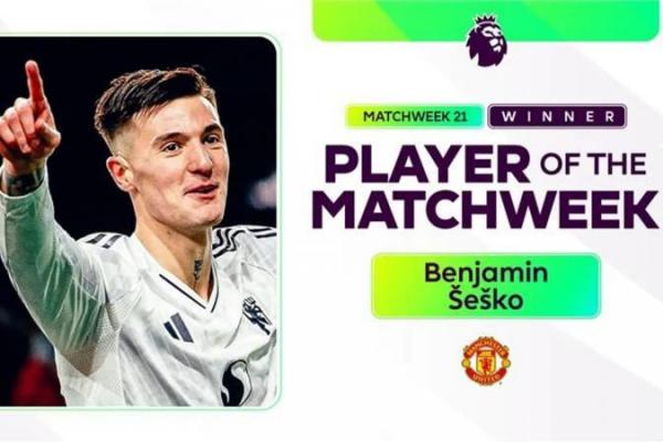 Penyerang Manchester United, Benjamin Sesko, dinobatkan sebagai Player of the Matchweek Premier League untuk pekan ke-21 berdasarkan hasil pemungutan suara fans