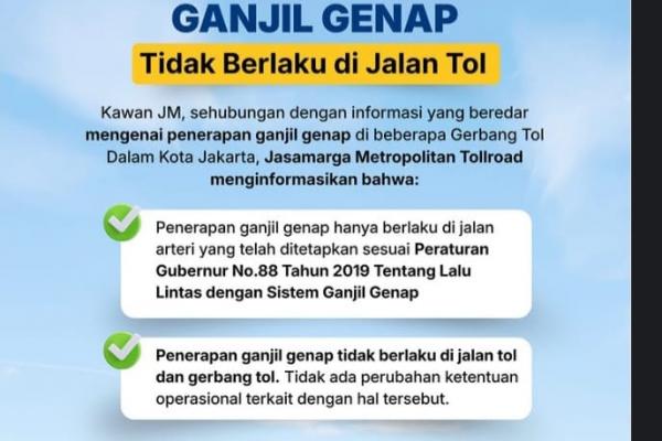 Jasa Marga membantah dengan tegas kabar yang menyebutkan berlakunya ganjil genap di gerbang tol Jakarta