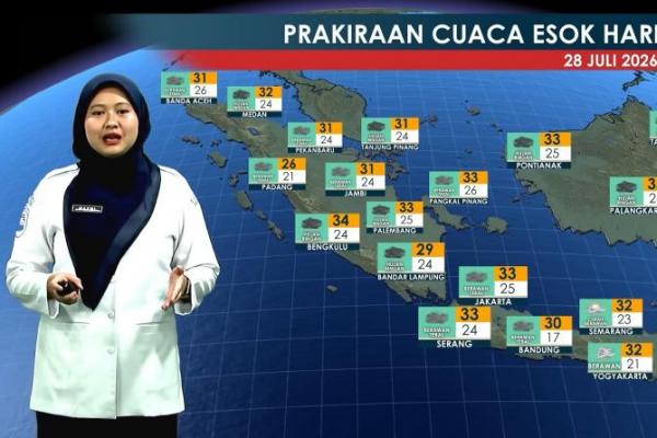 BMKG memprakirakan kondisi cuaca di berbagai wilayah Indonesia pada Selasa (28/7), akan bervariasi mulai dari cerah berawan hingga potensi hujan petir