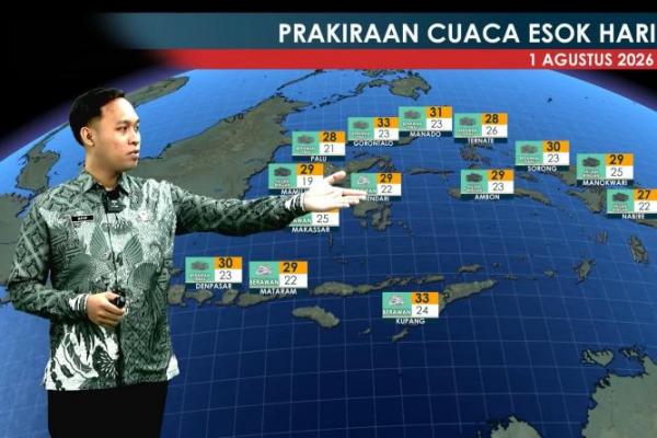BMKG memprakirakan kondisi cuaca di berbagai wilayah Indonesia pada Sabtu (1/8) akan bervariasi mulai dari kondisi berawan, udara kabur, hingga potensi hujan
